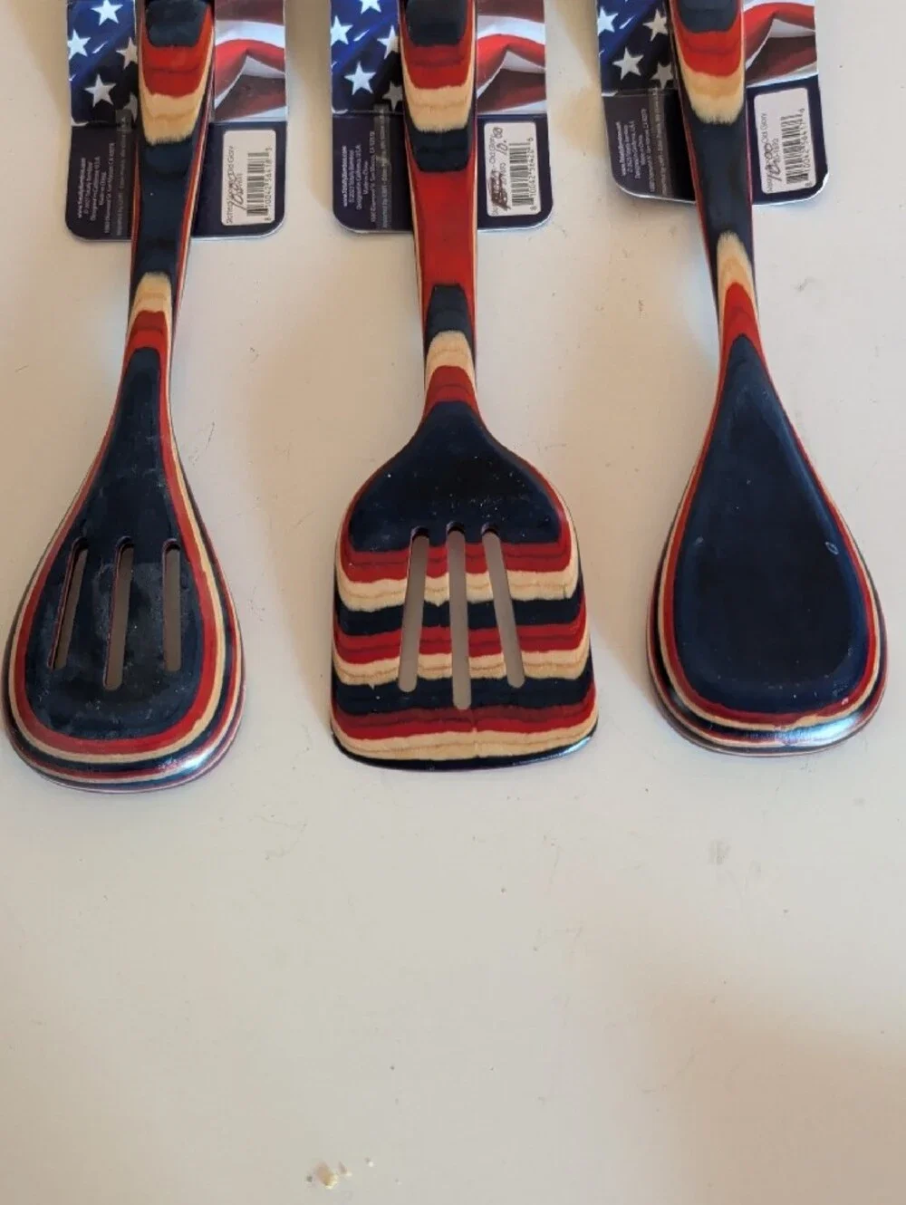 NWT. Old Glory Collection Red Navy Striped Wooden Kitchen Utensils Set - 3pc